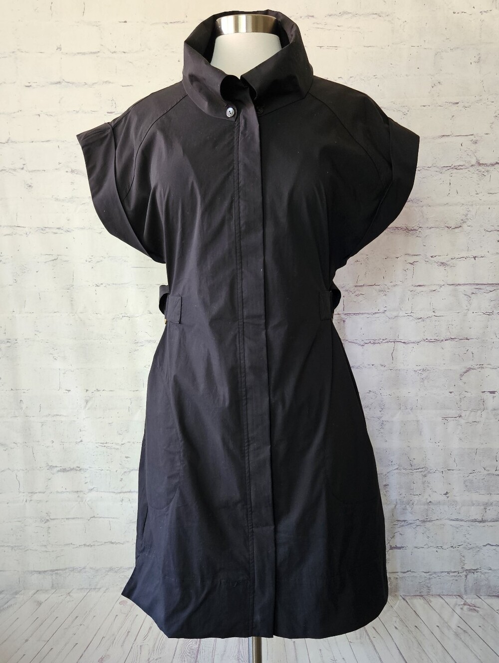 Finley Bari Zip Front Shirt Dress With Foldover Collar Cap Sleeves Black XS